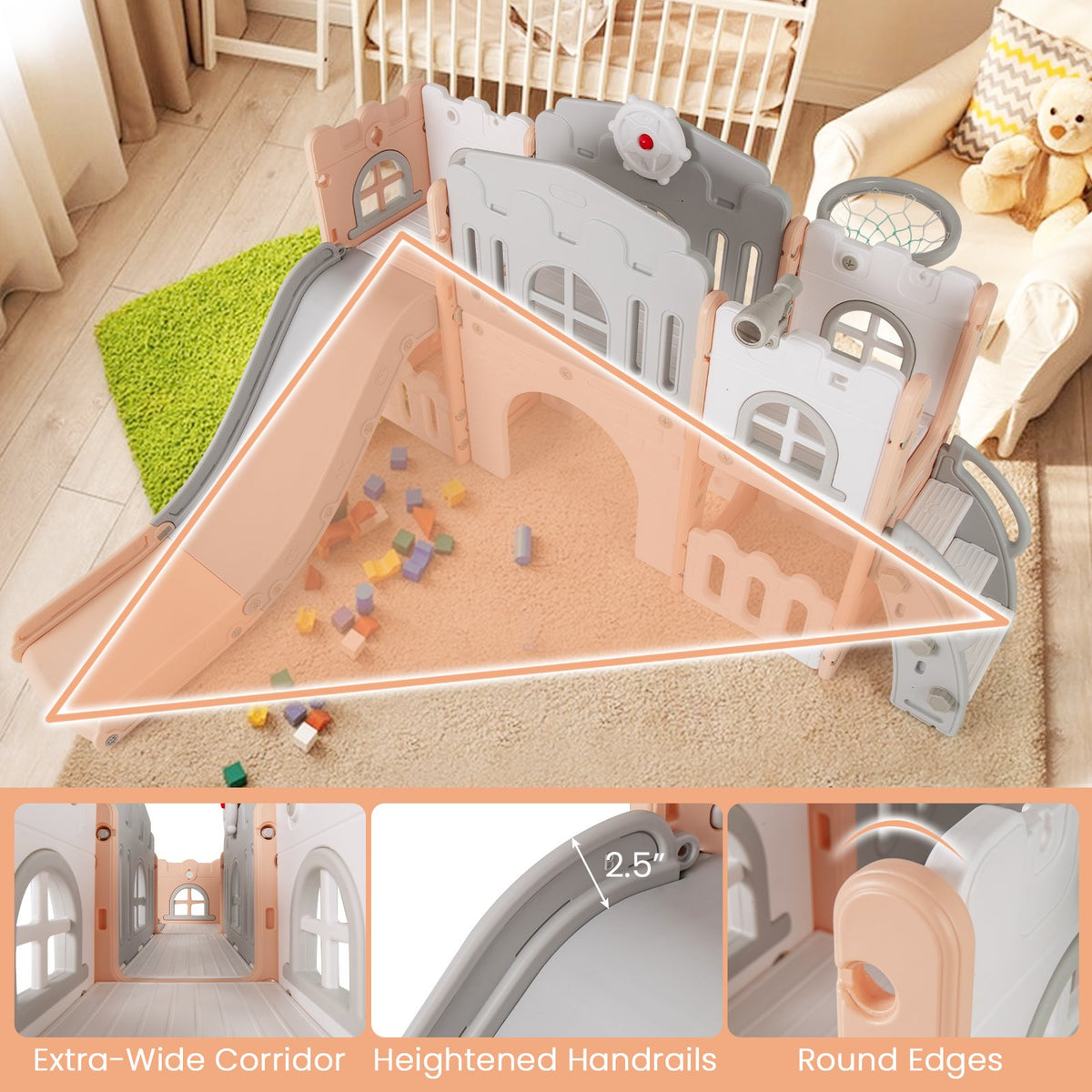 All-in-1 Toddler Slide Playset Playground with Tunnel and Ladder and Basketball-Pink view 9