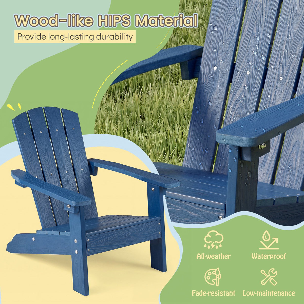 All-Weather HIPS Kid's Adirondack Chair with with High Backrest and Armrests-Blue view 5