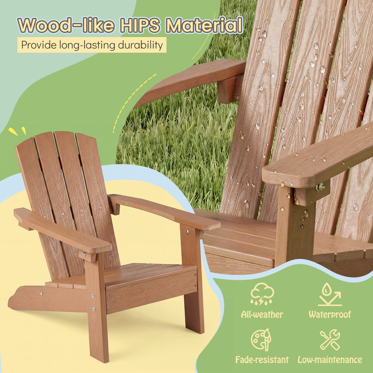 All-Weather HDPE Kid's Adirondack Chair with with High Backrest and Armrests-Natural view 5