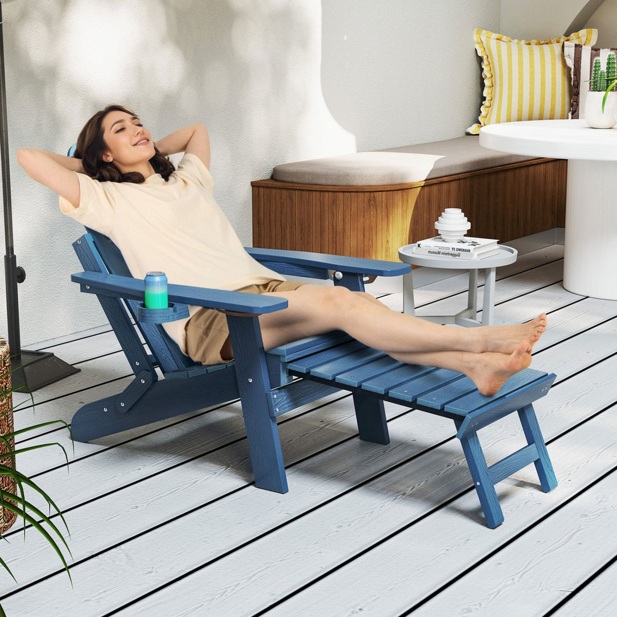 All-Weather HIPS Patio Adirondack Lounge Chair with Retractable Footrest-Navy view 2