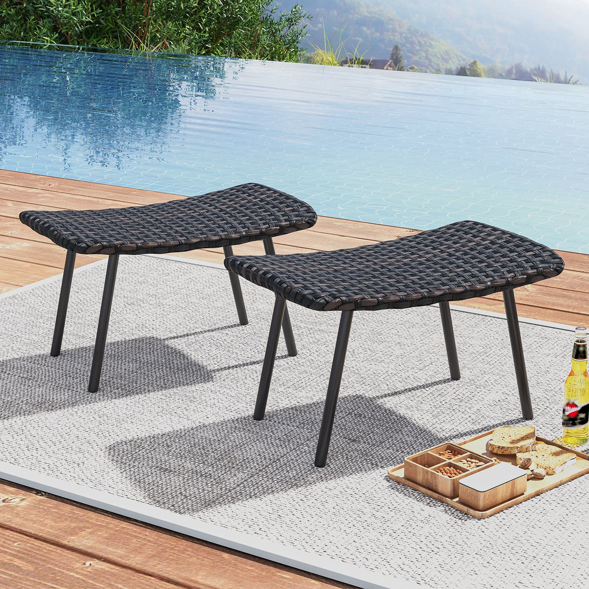 All Weather Outdoor Ottomans Set Patio Footrest Seats Set with Sturdy Metal Legs -Brown view 2