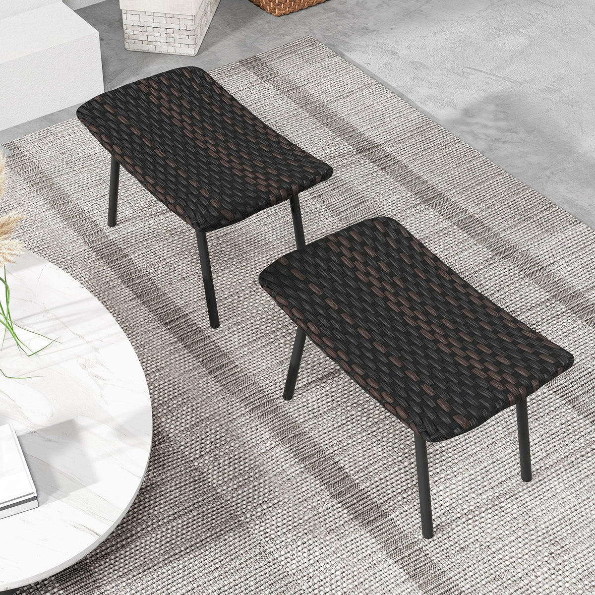All Weather Outdoor Ottomans Set Patio Footrest Seats Set with Sturdy Metal Legs -Brown view 3