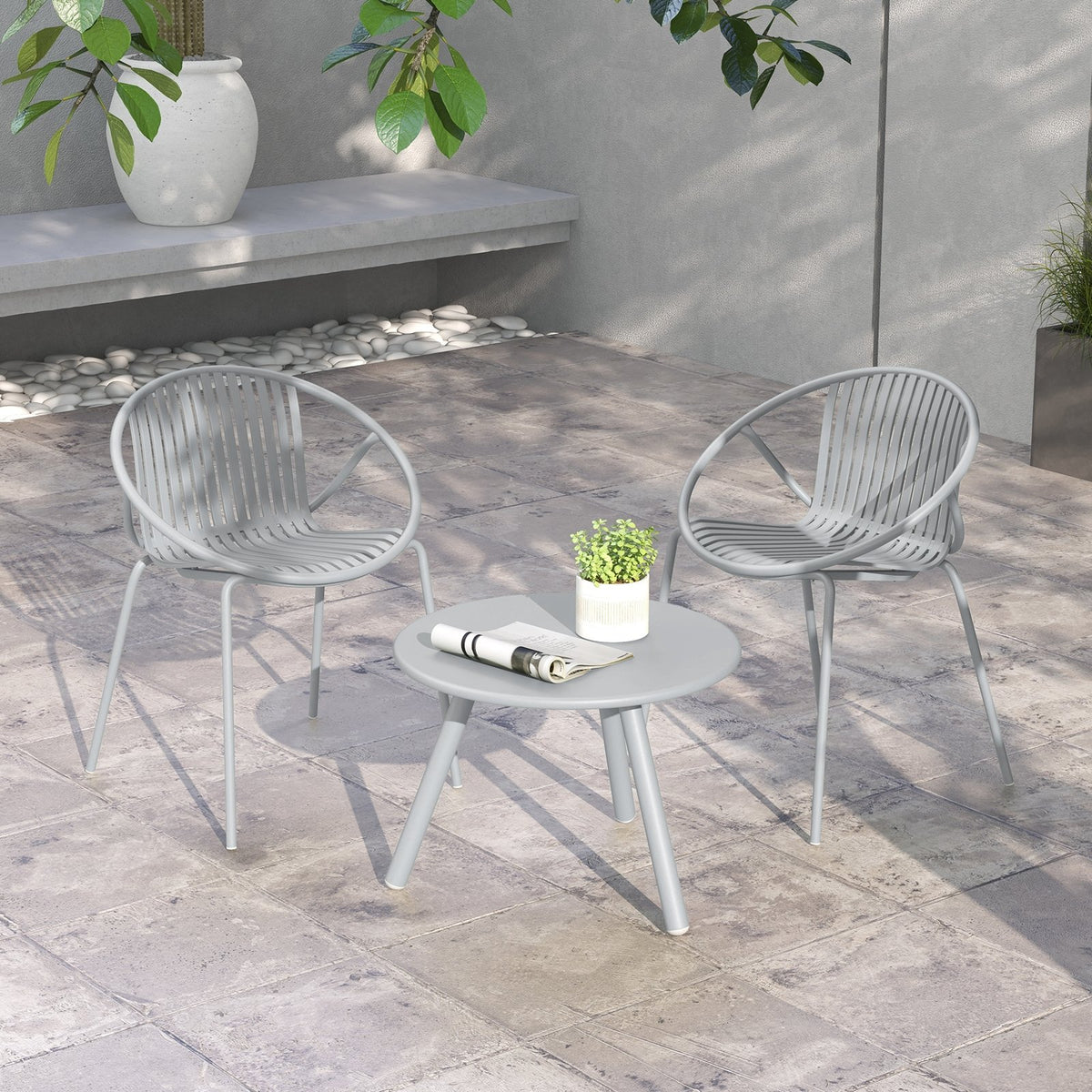 All Weather PP Patio Conversation Set with Round Coffee table and 2 Chairs-Gray view 2