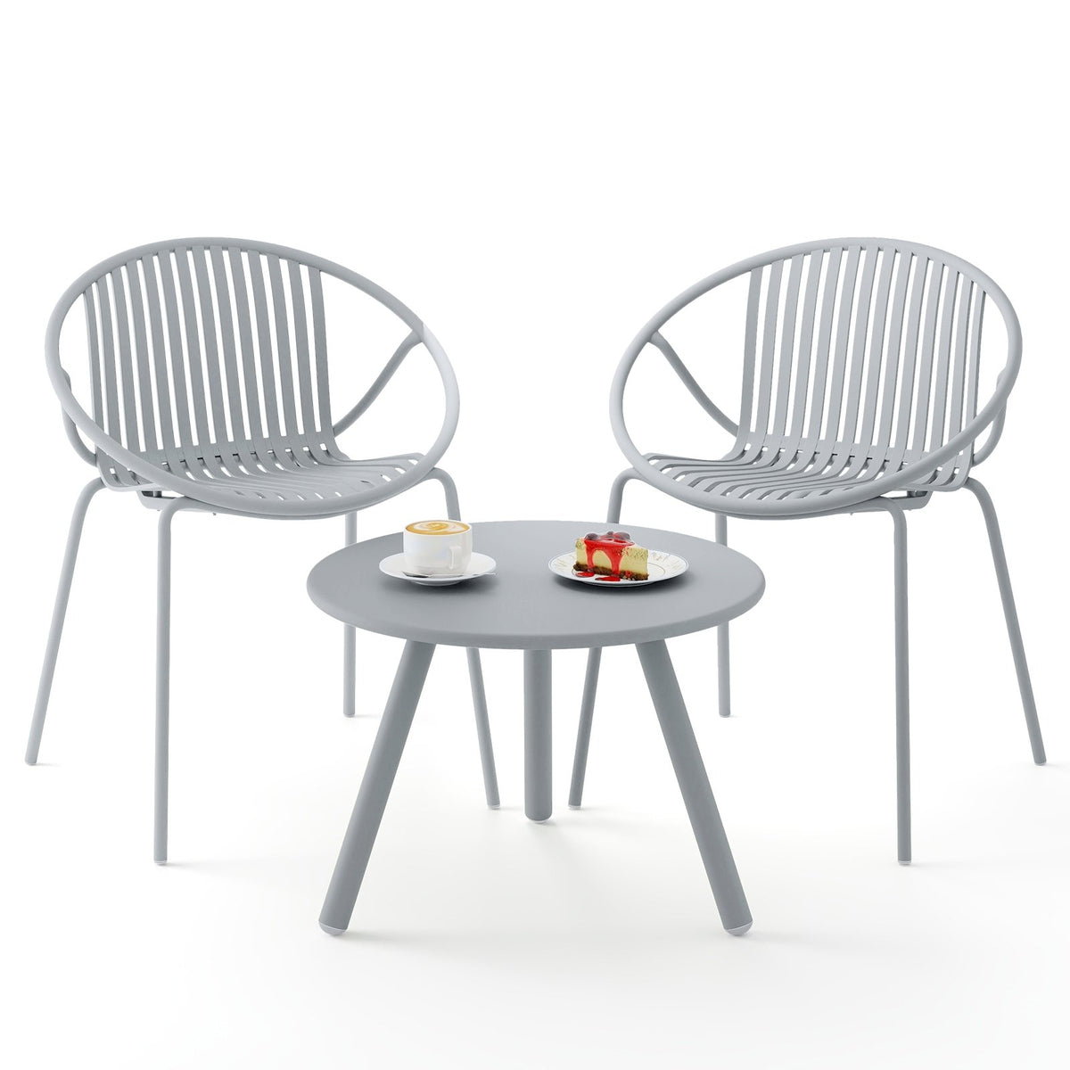 All Weather PP Patio Conversation Set with Round Coffee table and 2 Chairs-Gray view 4