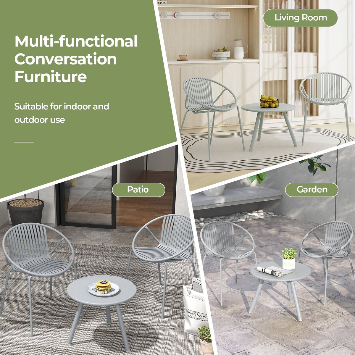 All Weather PP Patio Conversation Set with Round Coffee table and 2 Chairs-Gray view 8