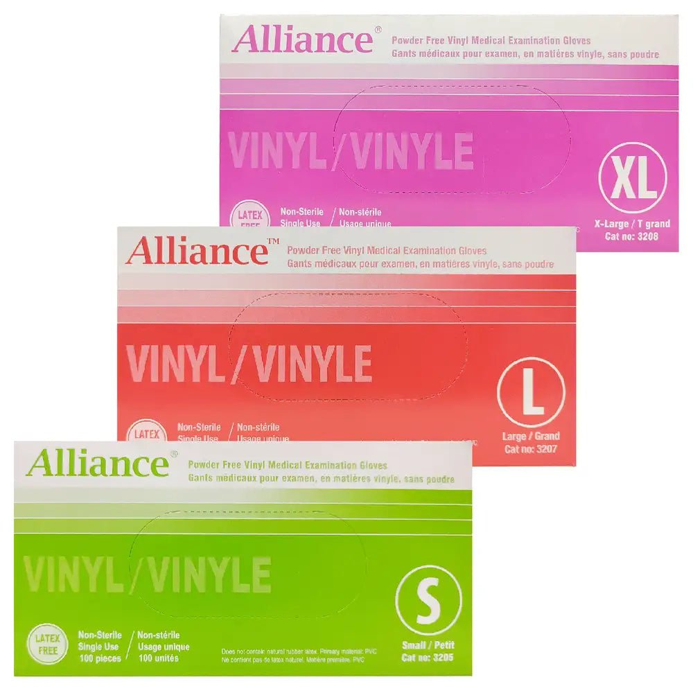 Alliance Vinyl Gloves, 100/Box, Powder-Free, S-XL