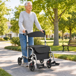 2-in-1 Adjustable Folding Handle Rollator Walker with Storage Space-Black view 2