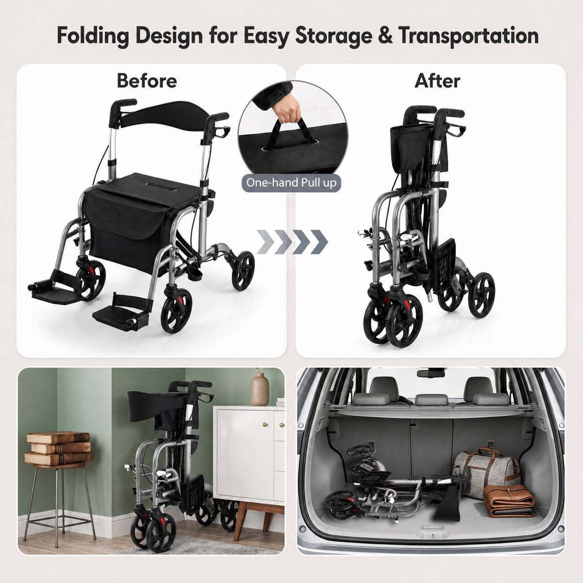 2-in-1 Adjustable Folding Handle Rollator Walker with Storage Space-Black view 9