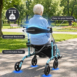 2-in-1 Adjustable Folding Handle Rollator Walker with Storage Space-Blue view 4