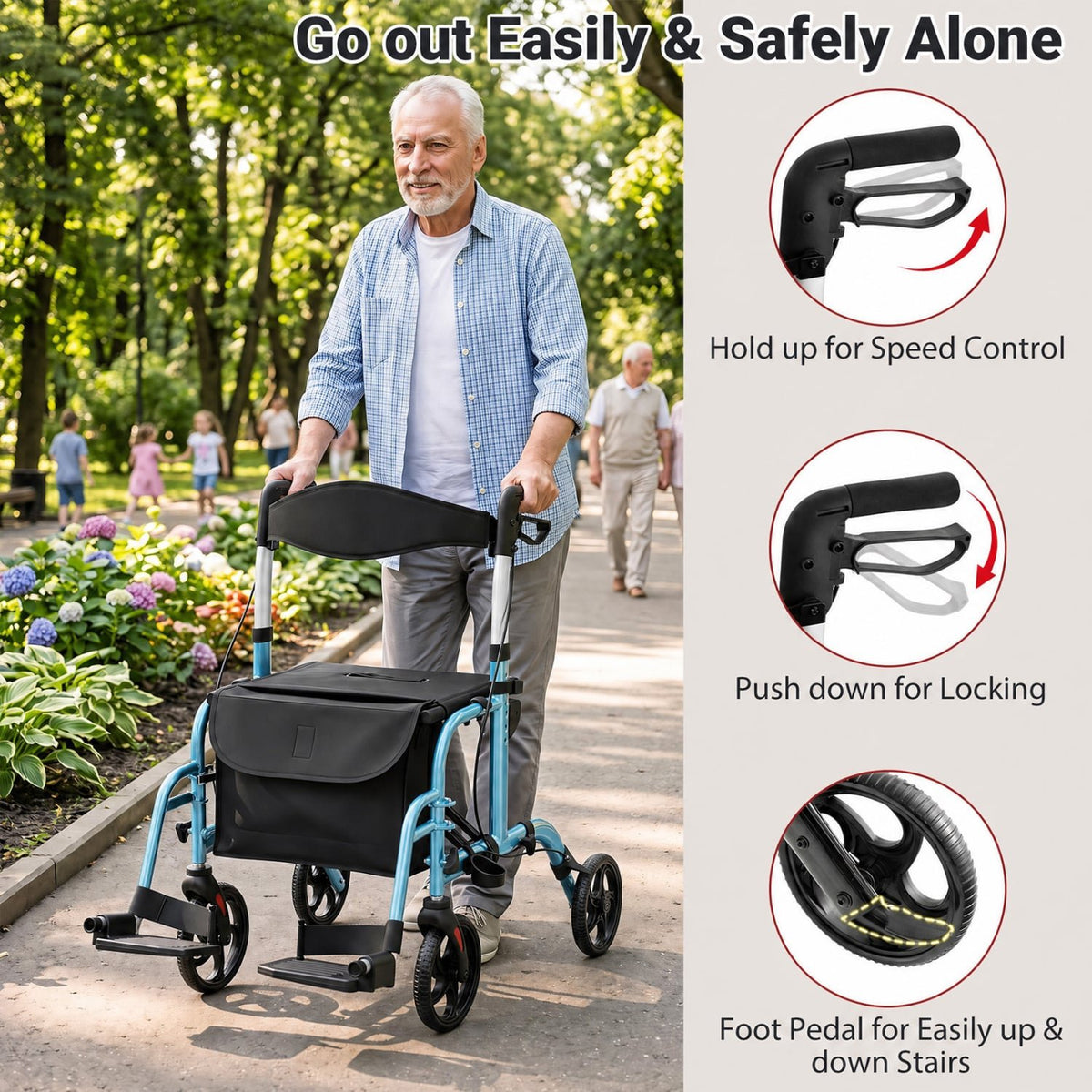 2-in-1 Adjustable Folding Handle Rollator Walker with Storage Space-Blue view 6