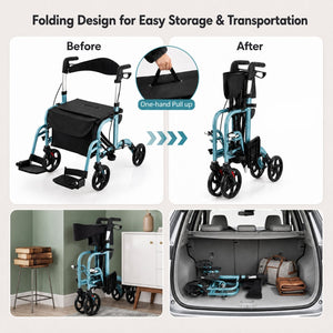 2-in-1 Adjustable Folding Handle Rollator Walker with Storage Space-Blue view 9