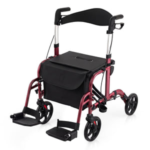 2-in-1 Adjustable Folding Handle Rollator Walker with Storage Space-Red