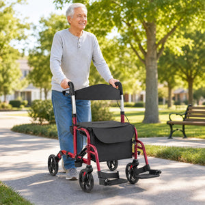 2-in-1 Adjustable Folding Handle Rollator Walker with Storage Space-Red view 2