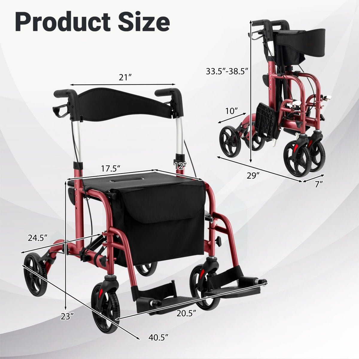 2-in-1 Adjustable Folding Handle Rollator Walker with Storage Space-Red view 3
