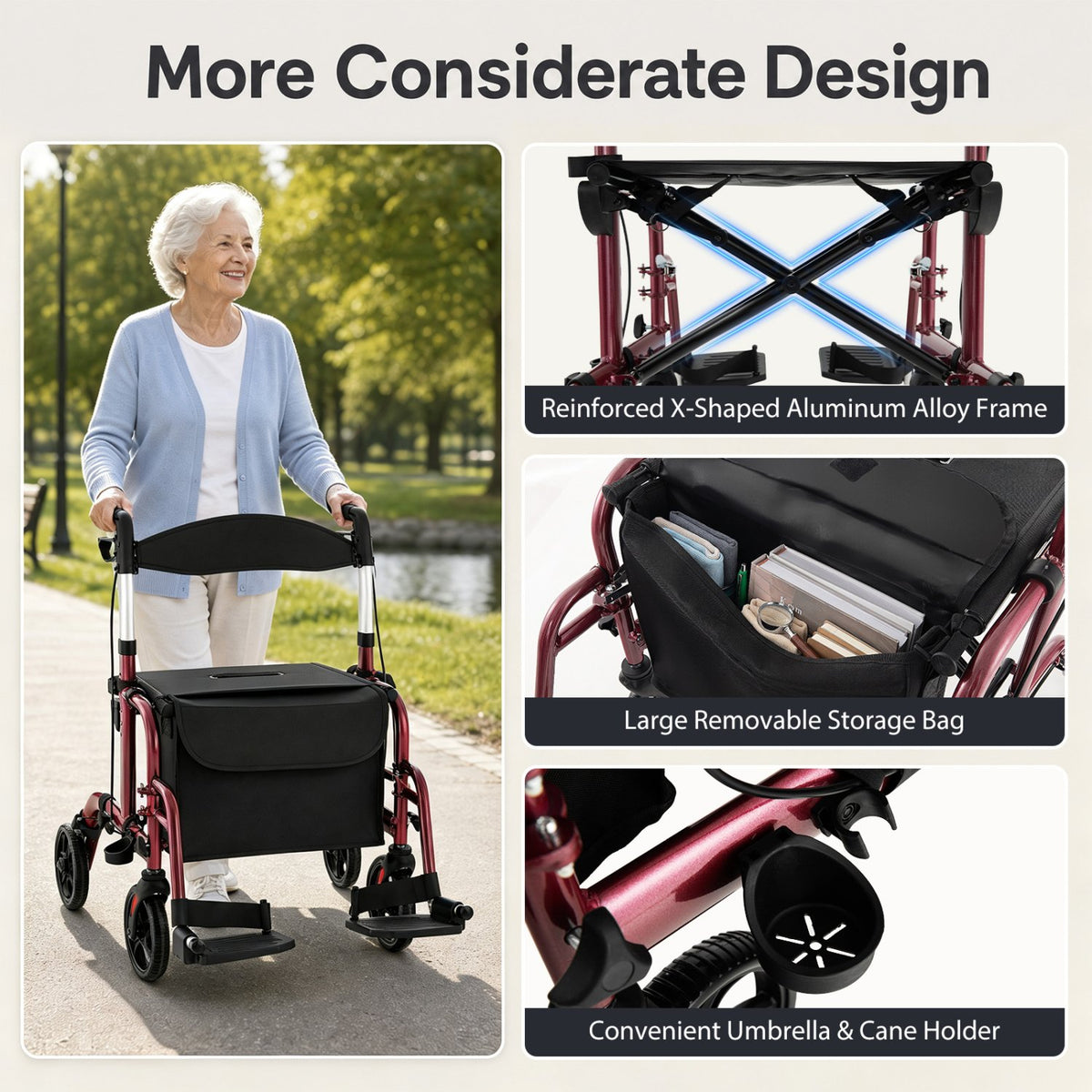 2-in-1 Adjustable Folding Handle Rollator Walker with Storage Space-Red view 5
