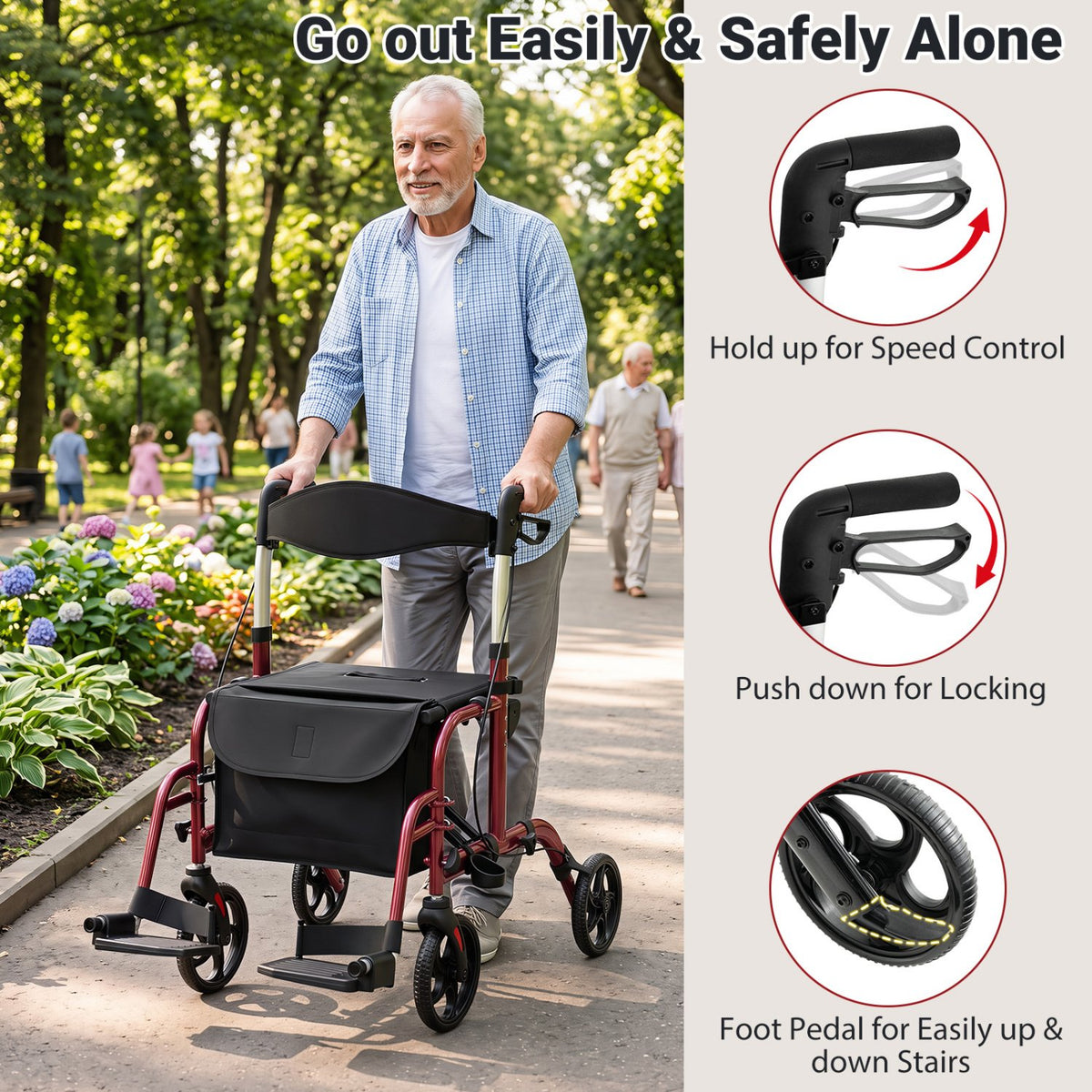 2-in-1 Adjustable Folding Handle Rollator Walker with Storage Space-Red view 6