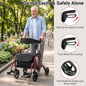 2-in-1 Adjustable Folding Handle Rollator Walker with Storage Space-Red view 6