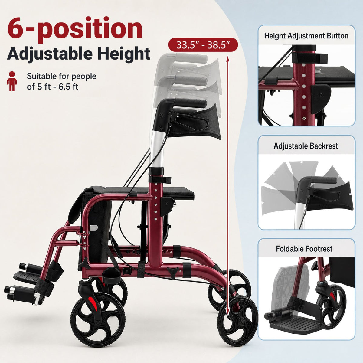 2-in-1 Adjustable Folding Handle Rollator Walker with Storage Space-Red view 7