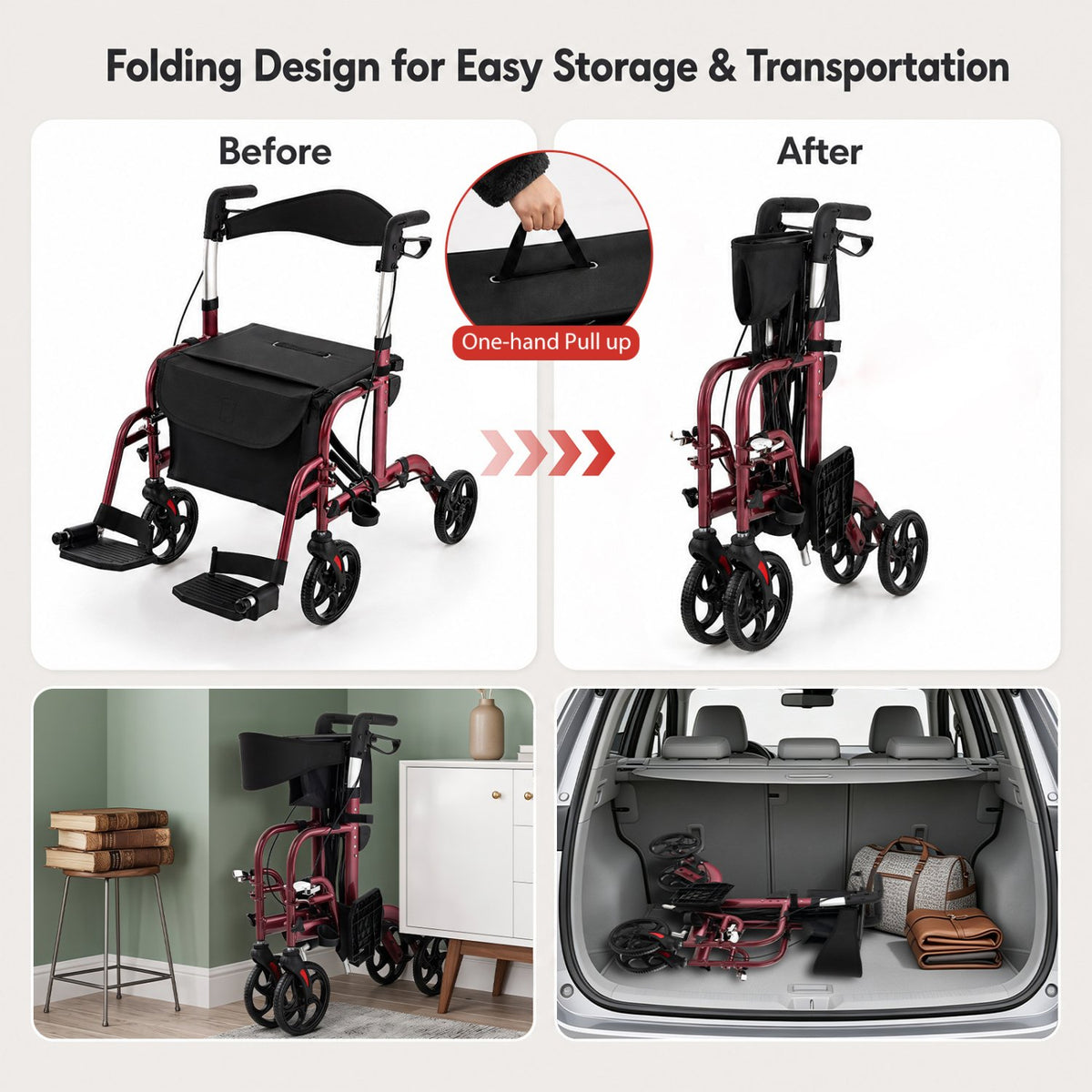 2-in-1 Adjustable Folding Handle Rollator Walker with Storage Space-Red view 9