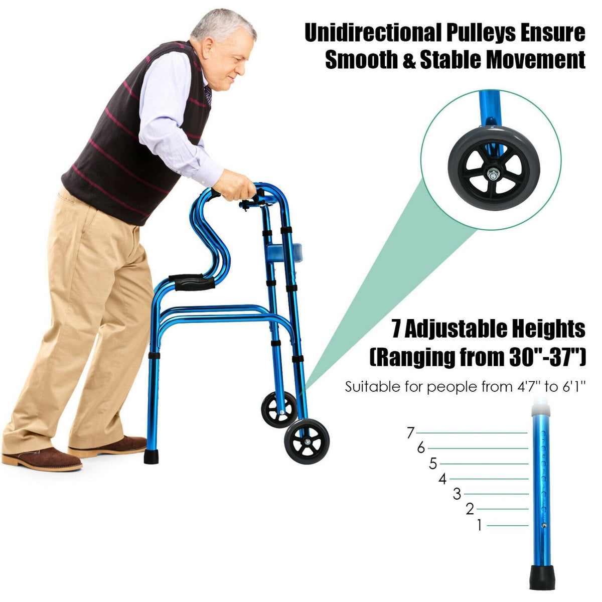Aluminum Heavy-Duty Folding Wheeled Stand-Assist Walker-Blue view 5
