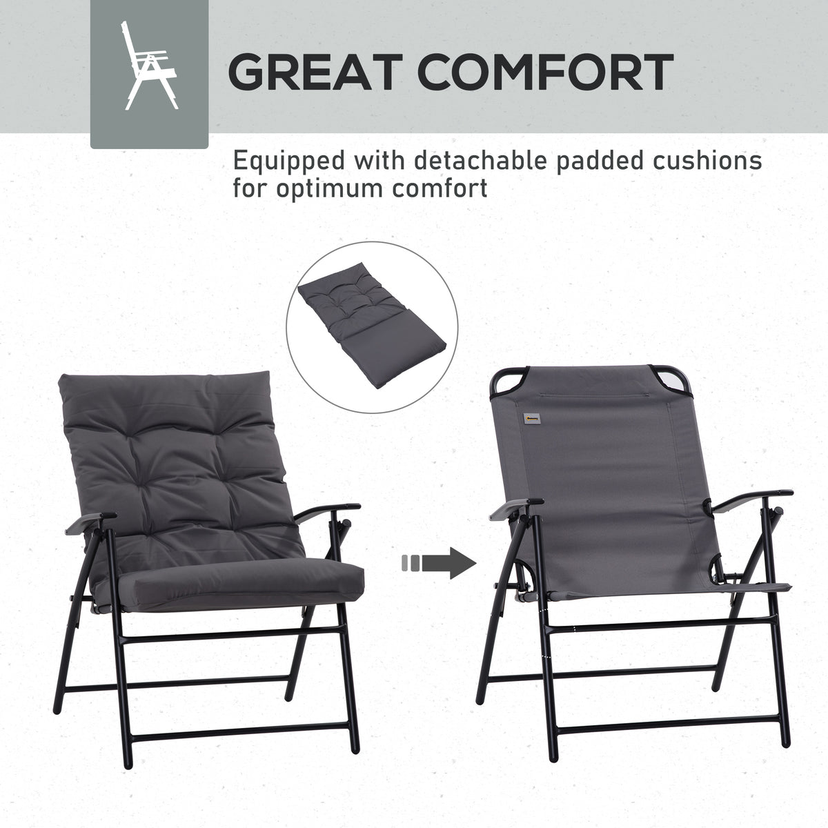 Set of 2 Outdoor Folding Chairs with Adjustable Backrest, Padded Camping Chairs for Outdoor Events, Grey – view 6