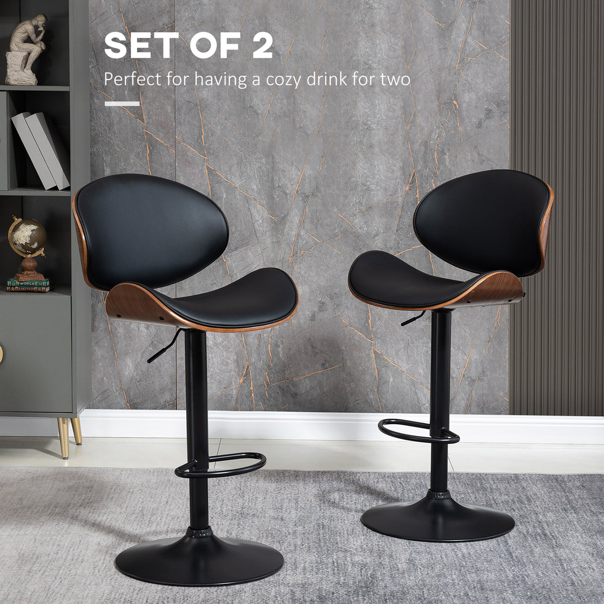 Bar Stools Set of 2, Modern PU Leather Adjustable Swivel Barstools with Curved Back, Footrest and Steel Base, Black