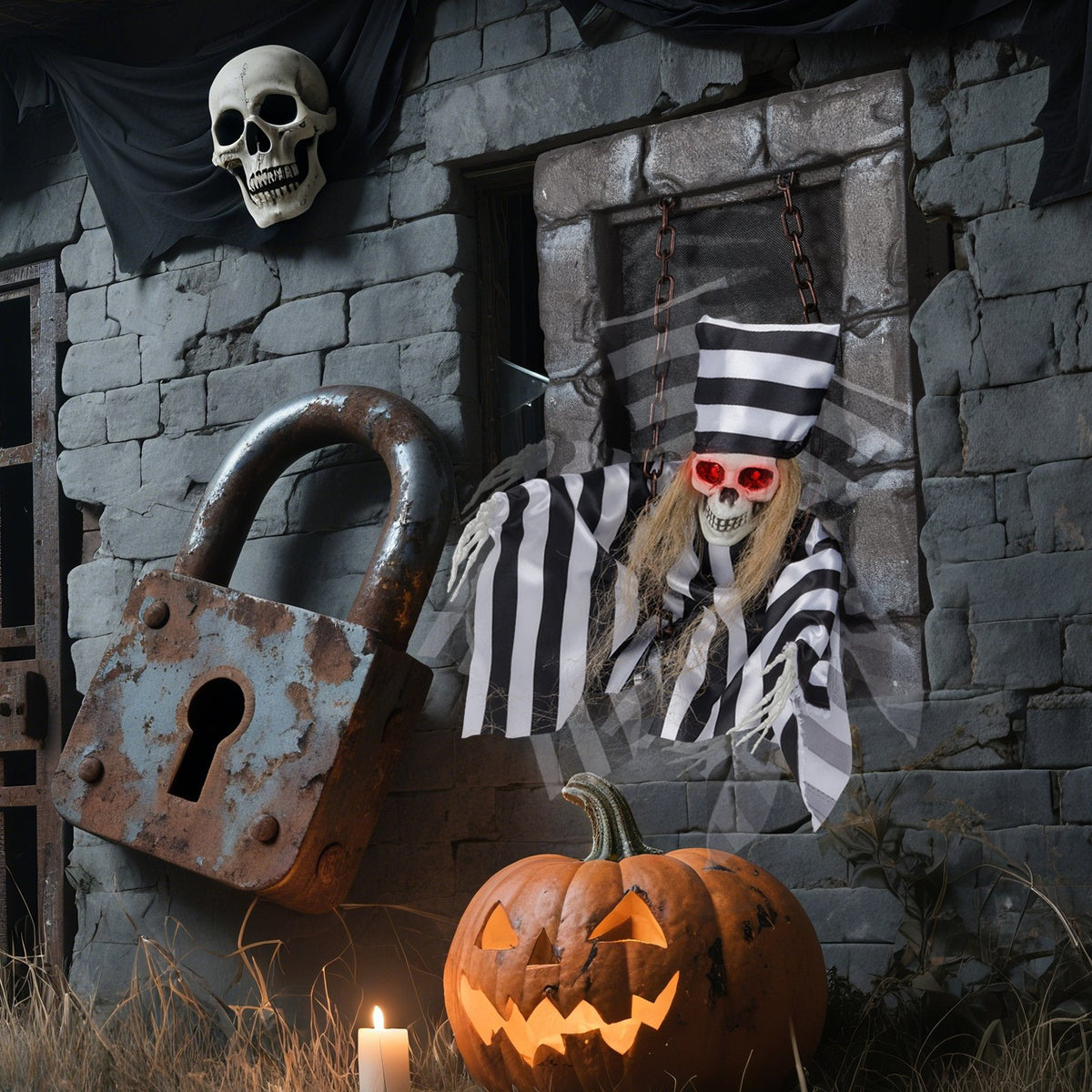 Animated Halloween Decoration 18 Inch Hanging Skull Prisoner view 2