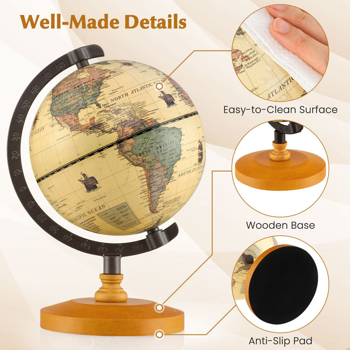 Antique Globe Dia 5.5 Inch Mini Rotating World Globe with Wooden Base-Brozen view 7