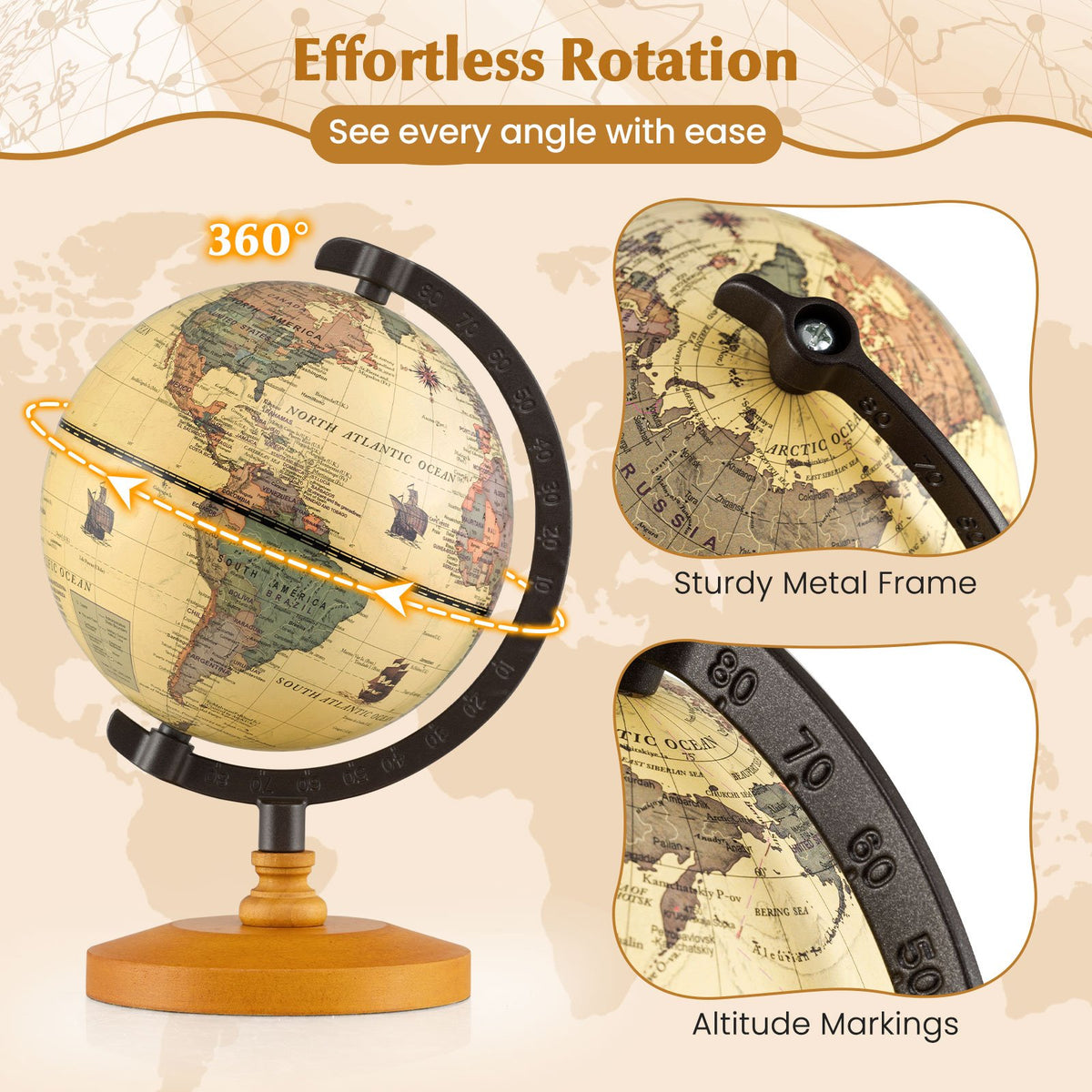 Antique Globe Dia 5.5 Inch Mini Rotating World Globe with Wooden Base-Brozen view 9