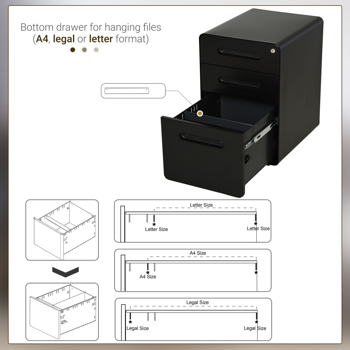 Lockable File Cabinet, Steel Filing Cabinet on Wheels for Legal, A4, Letter Size, Home Office