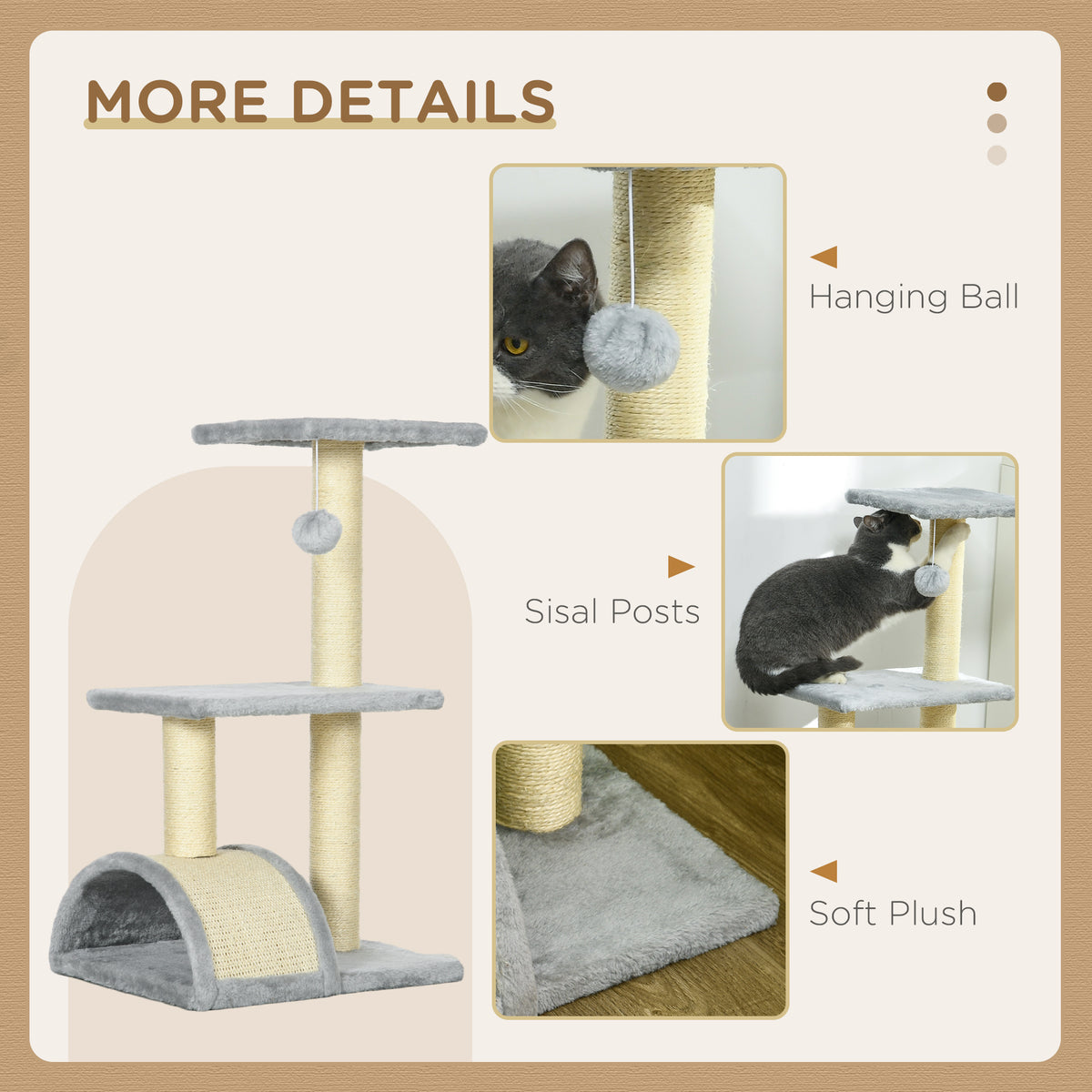 28" Cat Tree with Scratching Post, Pad, Toy Ball for Indoor Cats, Light Grey