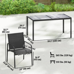 Outdoor Dining Set for 6, Faux Wood Patio Table and Chairs with Breathable Mesh Seat, Galvanized Steel Frame, Black
