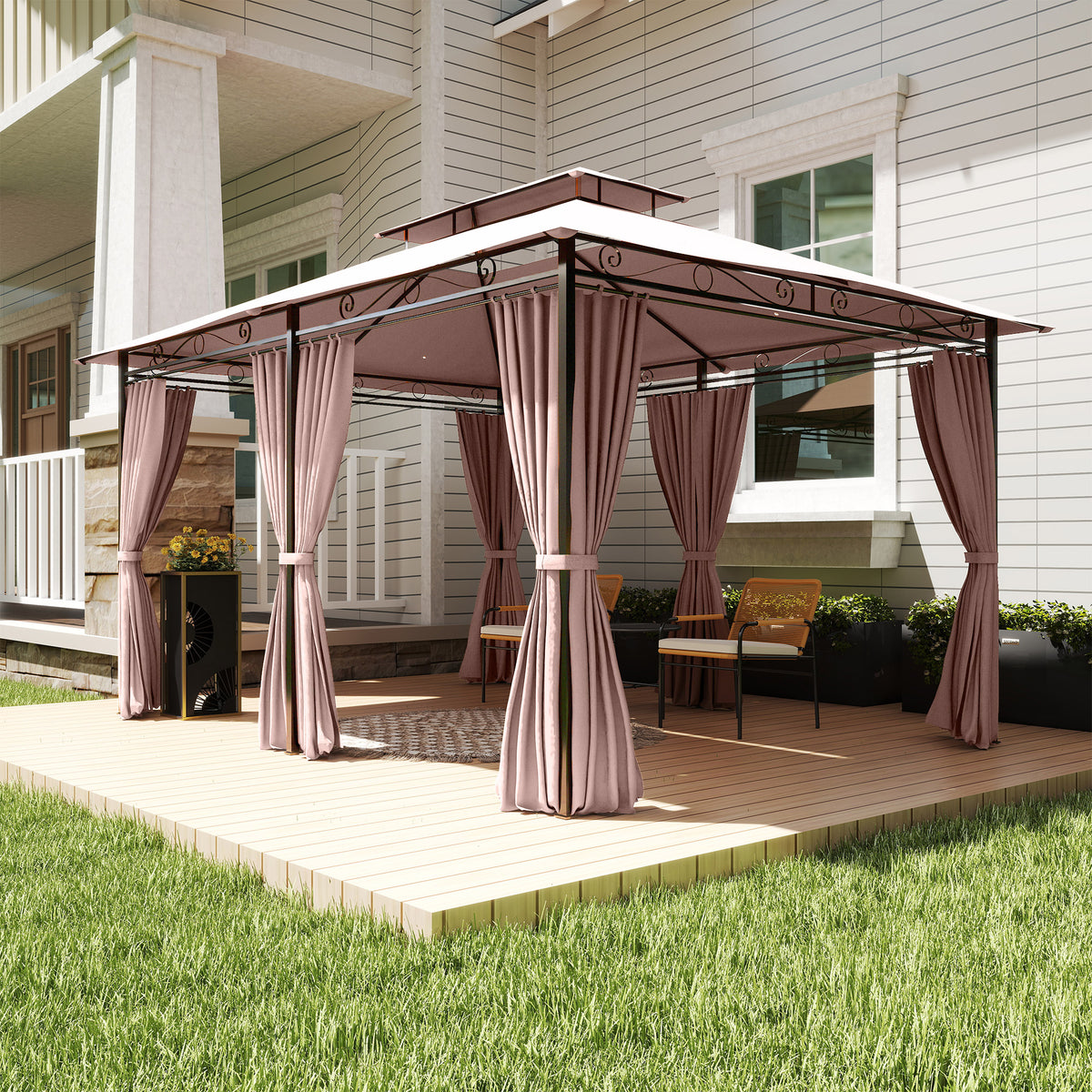 10' x 13' Patio Gazebo, Outdoor 2-Tiers Garden Canopy Yard Sunshade Shelter with Curtains, Khaki – view 7