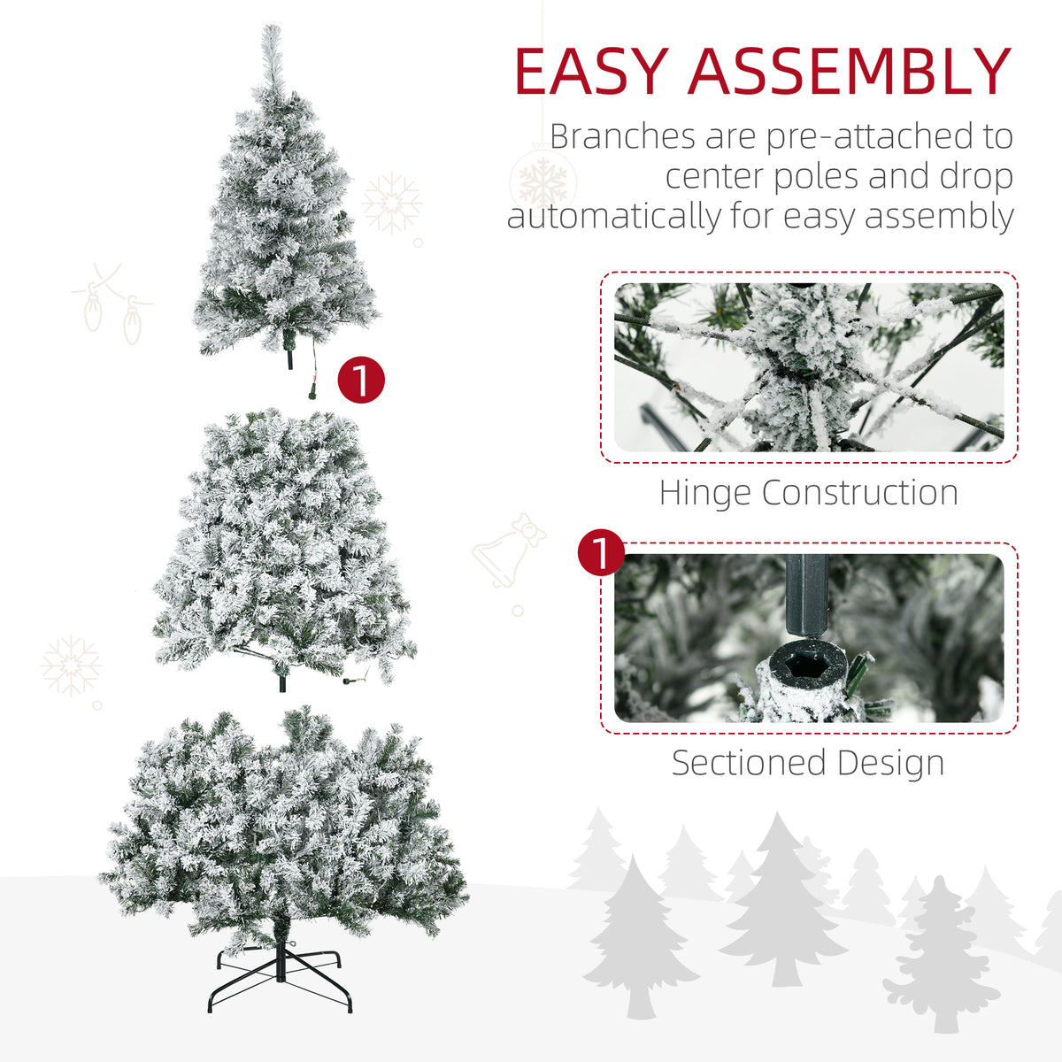 7.5ft Artificial Prelit Christmas Tree with Warm White LED Light, Snow Flocked Branches, Metal Base, Xmas Tree