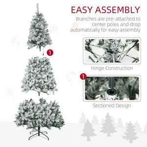 7.5ft Artificial Prelit Christmas Tree with Warm White LED Light, Snow Flocked Branches, Metal Base, Xmas Tree