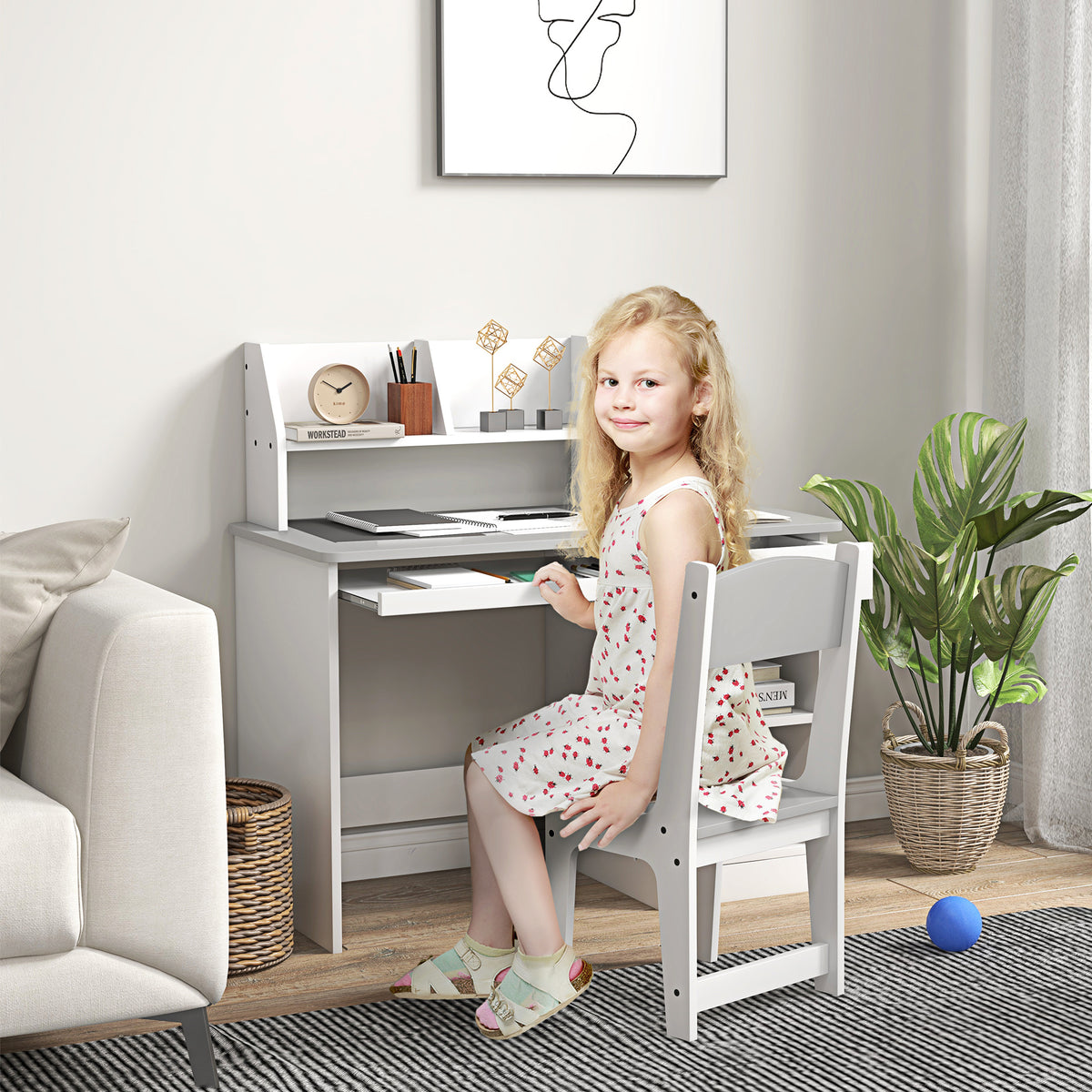 Qaba Kids Desk and Chair Set for 5-8 Year Old with Storage, Study Table and Chair for Children