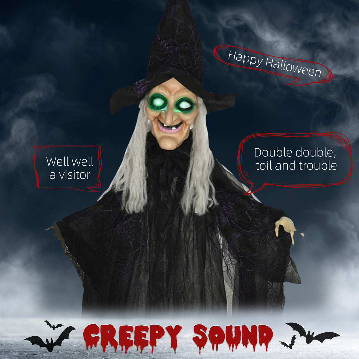 6' Life Size Black Witch Outdoor Halloween Decoration, Halloween Prop w/ Light Up Eyes