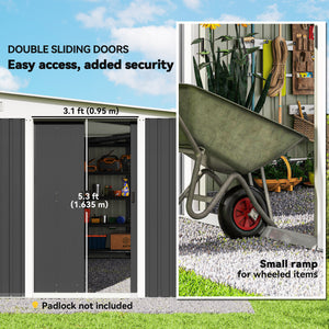 11' x 9' Steel Garden Storage Shed, Outdoor Metal Tool House with Double Sliding Doors & 2 Air Vents, Grey – view 11