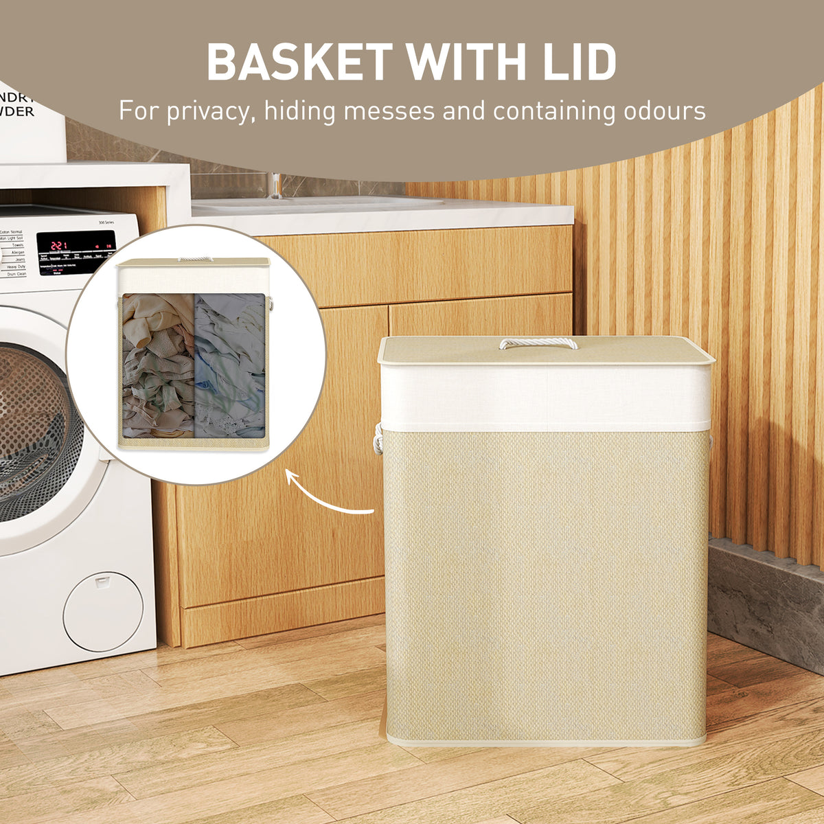 Double Laundry Basket with Lid, 100L Bamboo Laundry Hamper with Rope Handles and Removable Bags, Brown – view 11