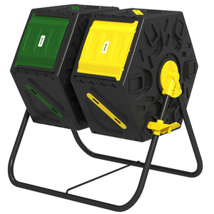 Rotating Composter, Dual Chamber Compost Bin with 24 Vents and Steel Legs, 34.5 Gallon, Brown