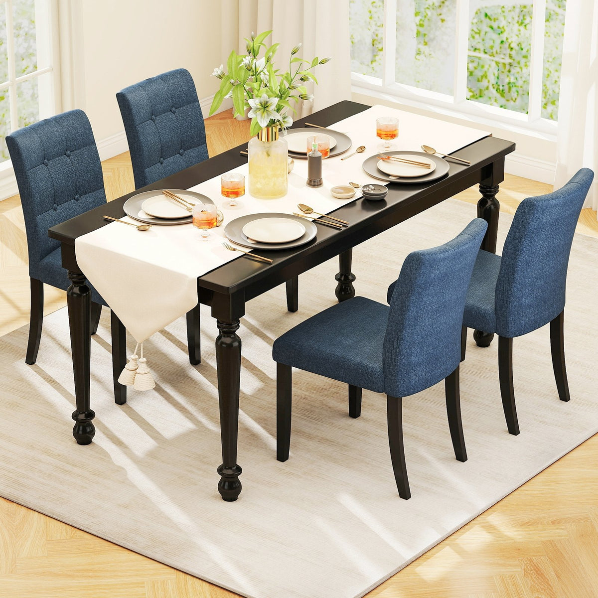 Set of 2 Tufted Dining Chairs Armless with Rubber Wood Legs-Dark Blue view 3