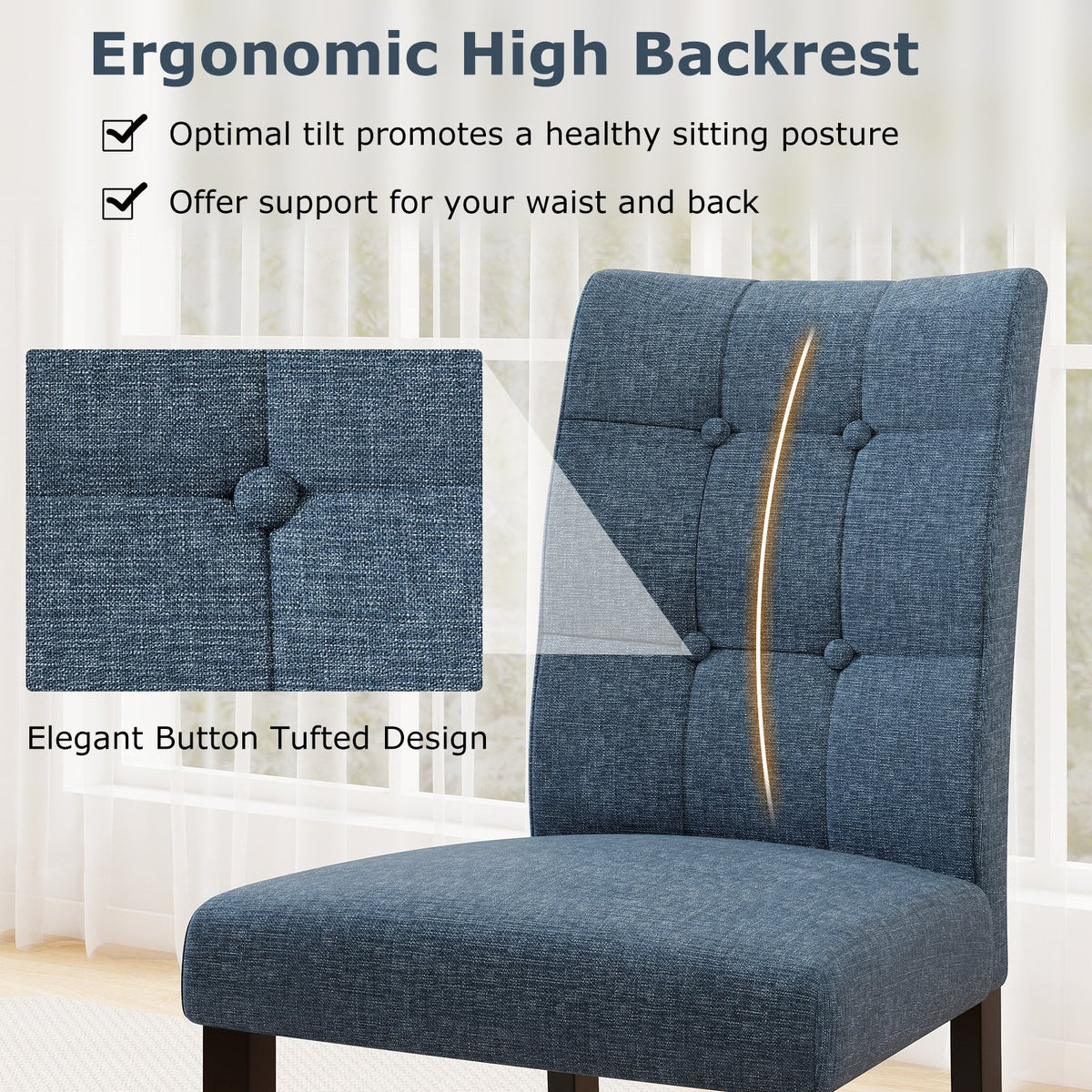 Set of 2 Tufted Dining Chairs Armless with Rubber Wood Legs-Dark Blue view 5