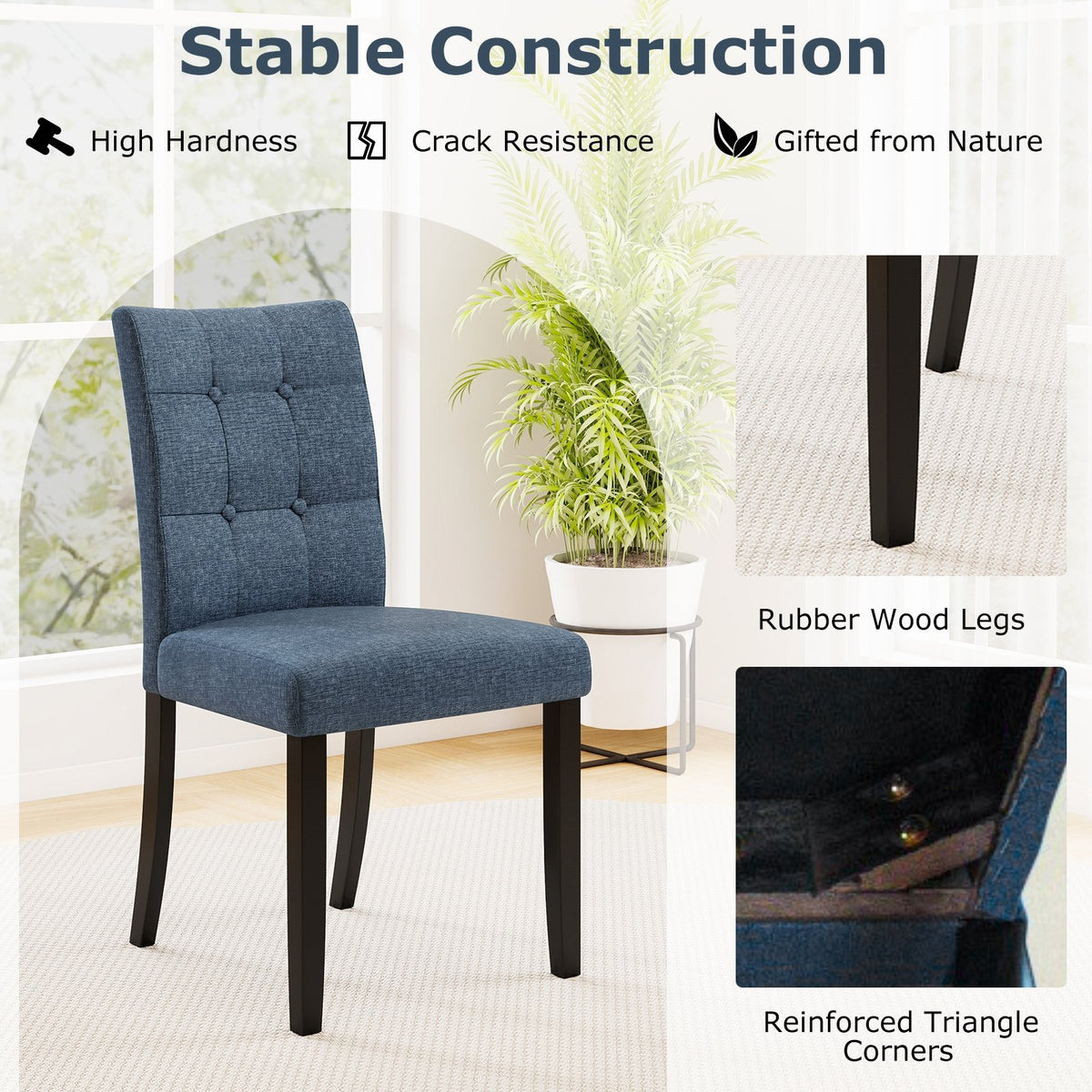 Set of 2 Tufted Dining Chairs Armless with Rubber Wood Legs-Dark Blue view 7