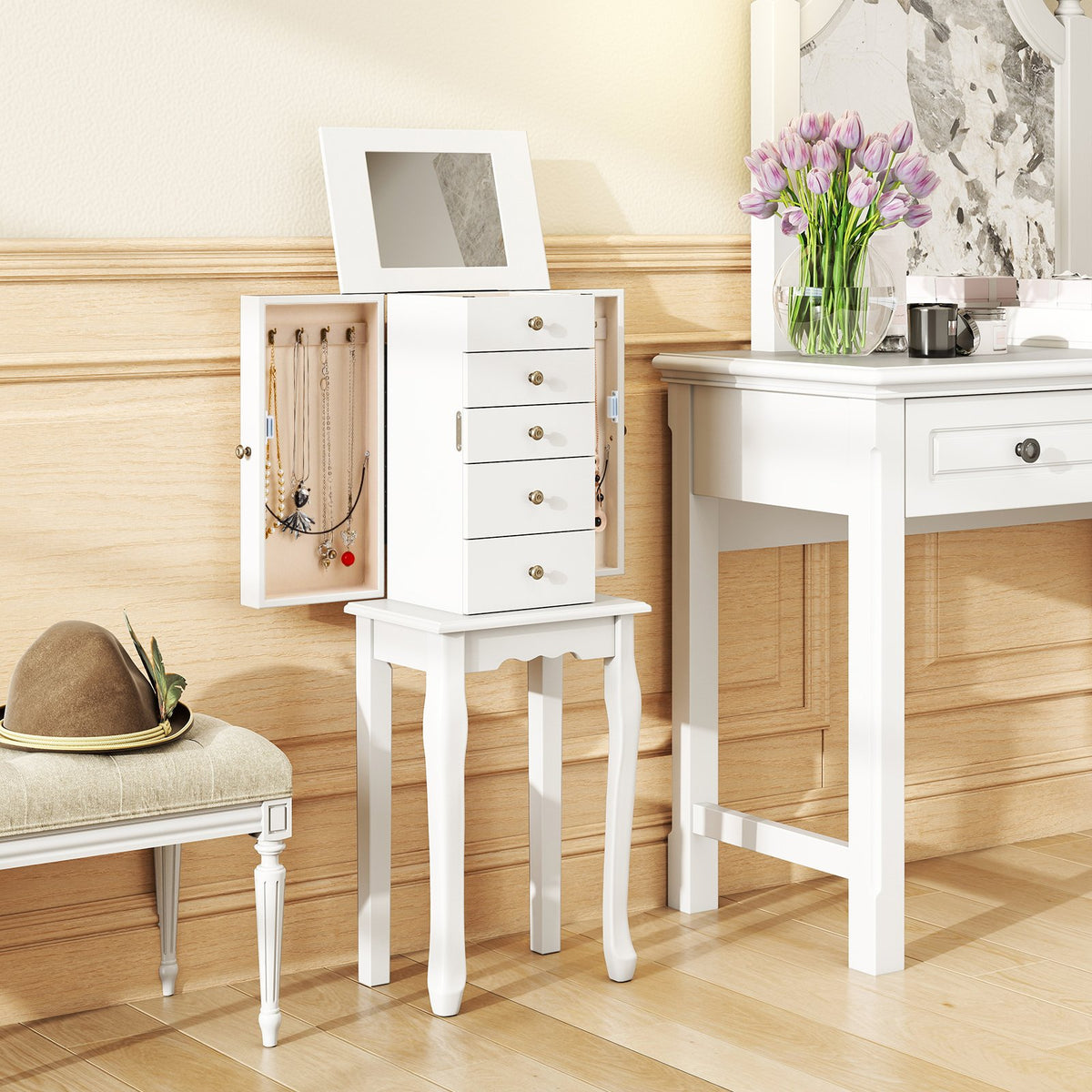 2 Colors Armoire Storage Standing Jewelry Cabinet with Mirror-White view 3