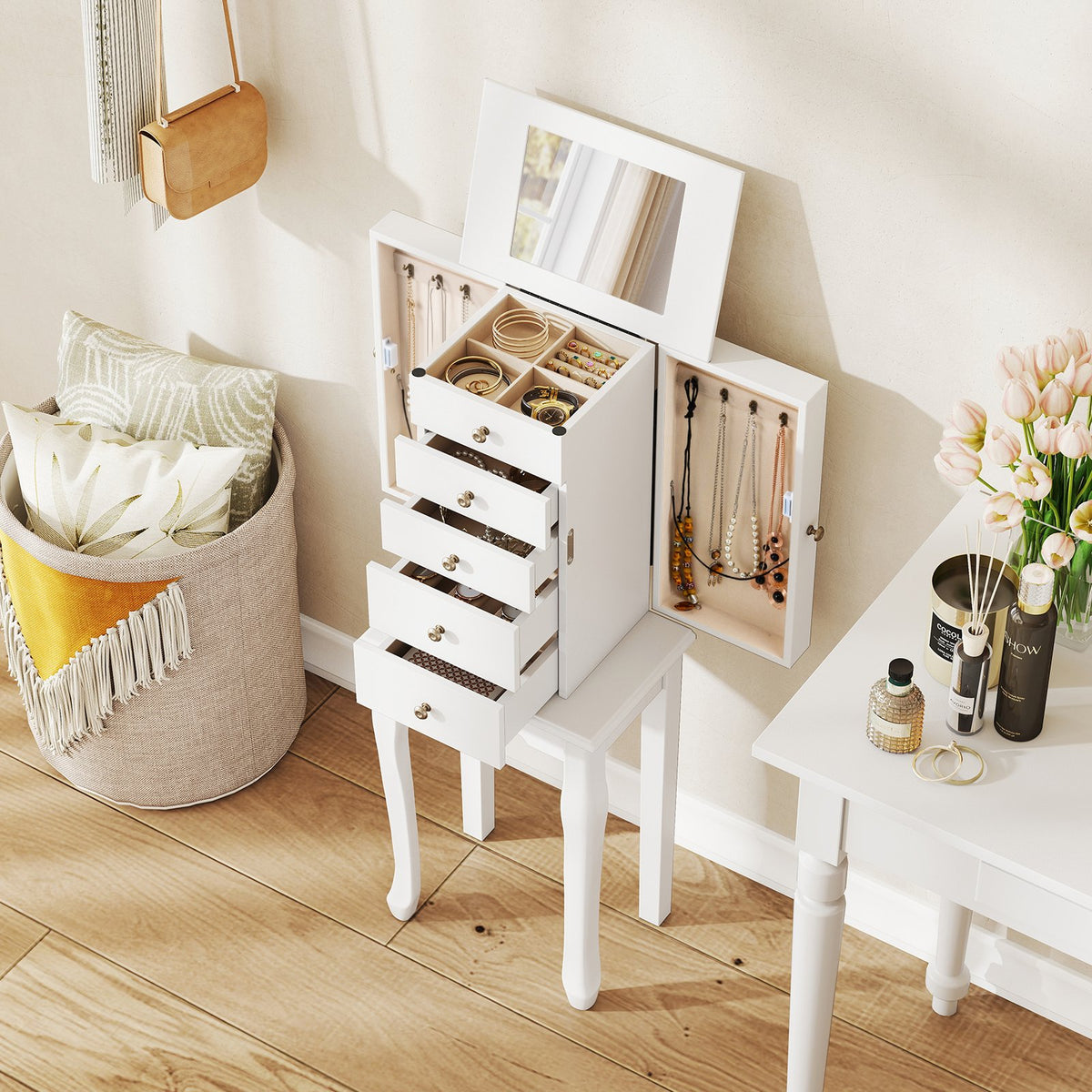 2 Colors Armoire Storage Standing Jewelry Cabinet with Mirror-White view 6