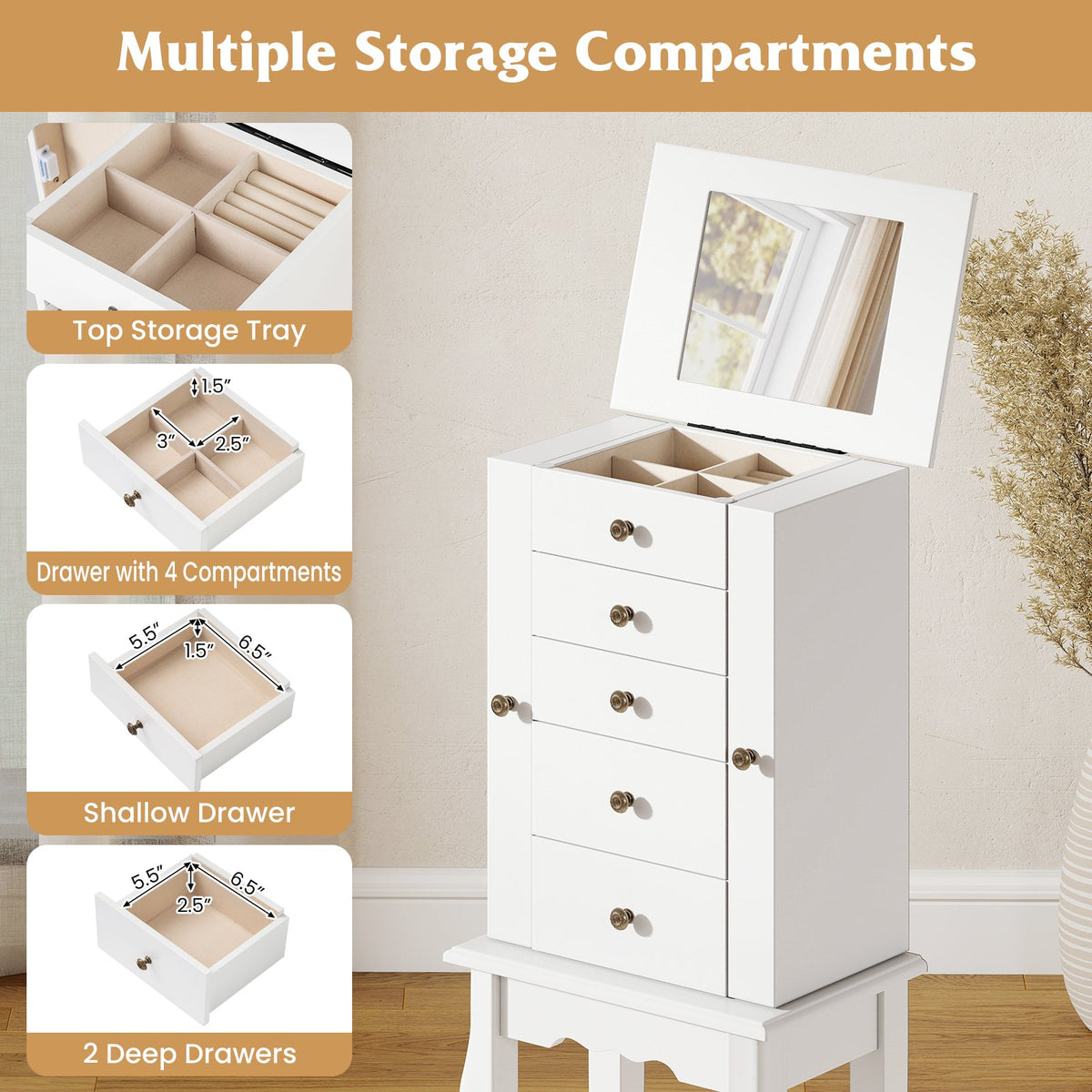 2 Colors Armoire Storage Standing Jewelry Cabinet with Mirror-White view 9