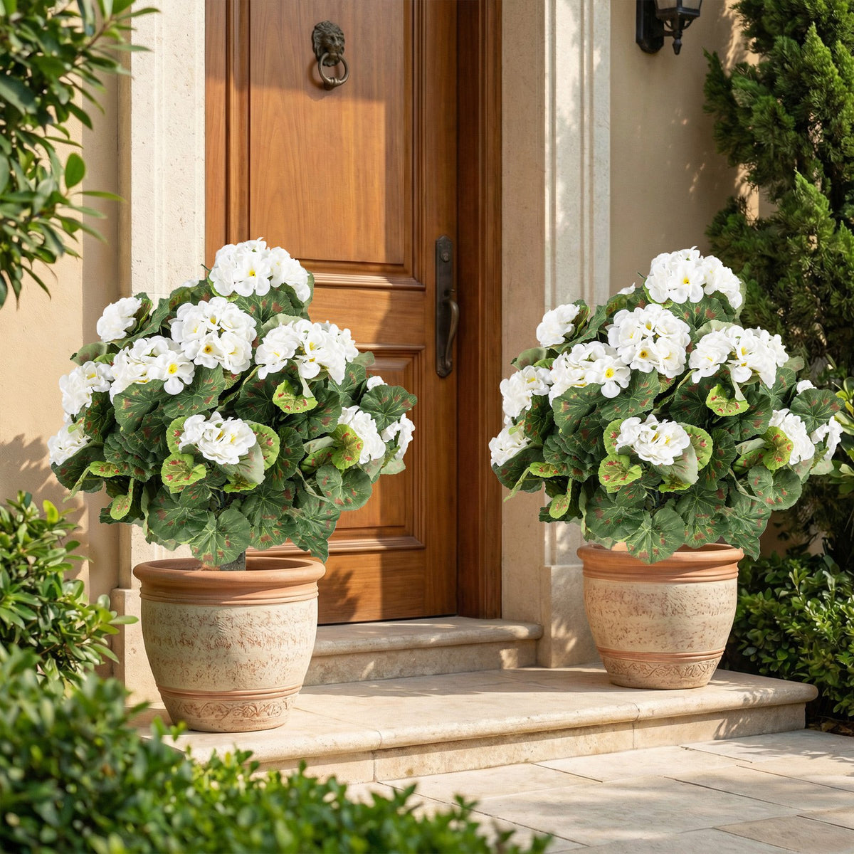 Artificial Begonia Ball Trees Set of 2 13 inch Fake Evergreen Shrubs with Ground Spikes-White view 2