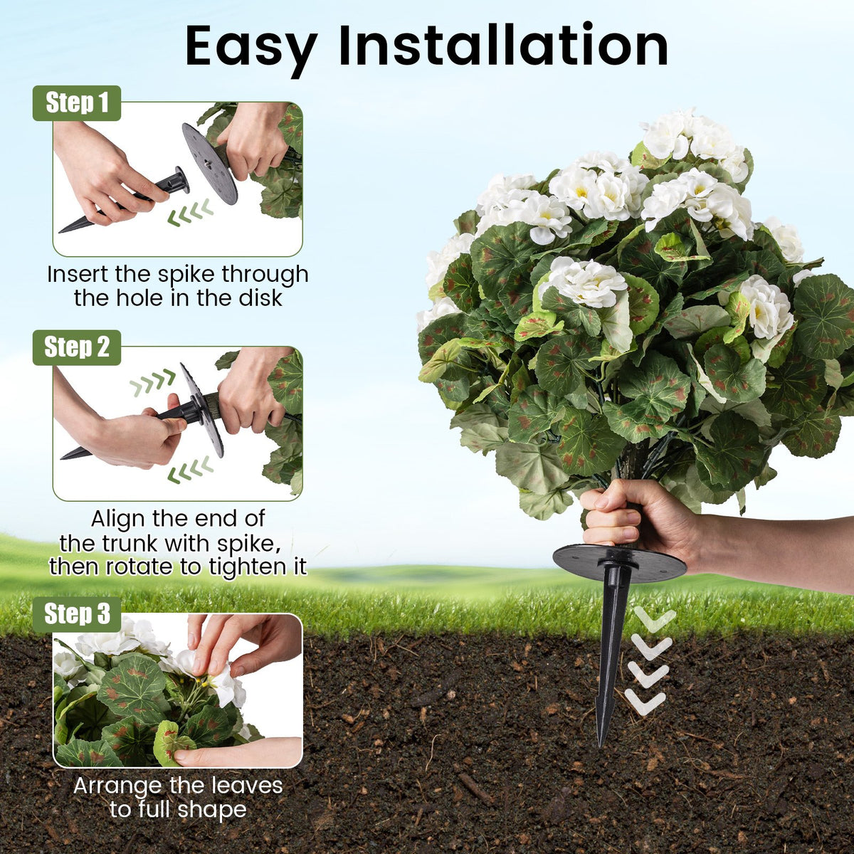 Artificial Begonia Ball Trees Set of 2 13 inch Fake Evergreen Shrubs with Ground Spikes-White view 6