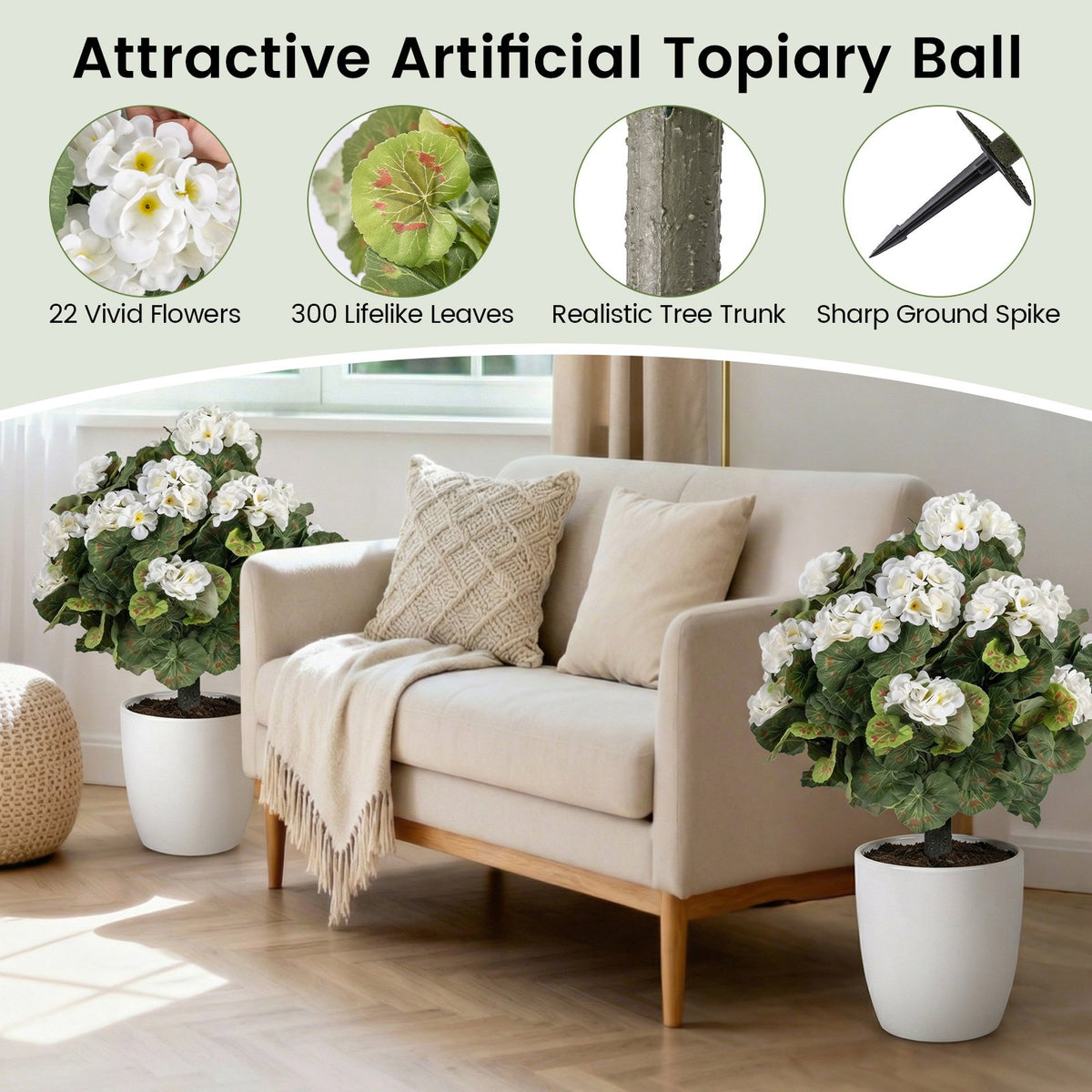 Artificial Begonia Ball Trees Set of 2 13 inch Fake Evergreen Shrubs with Ground Spikes-White view 9
