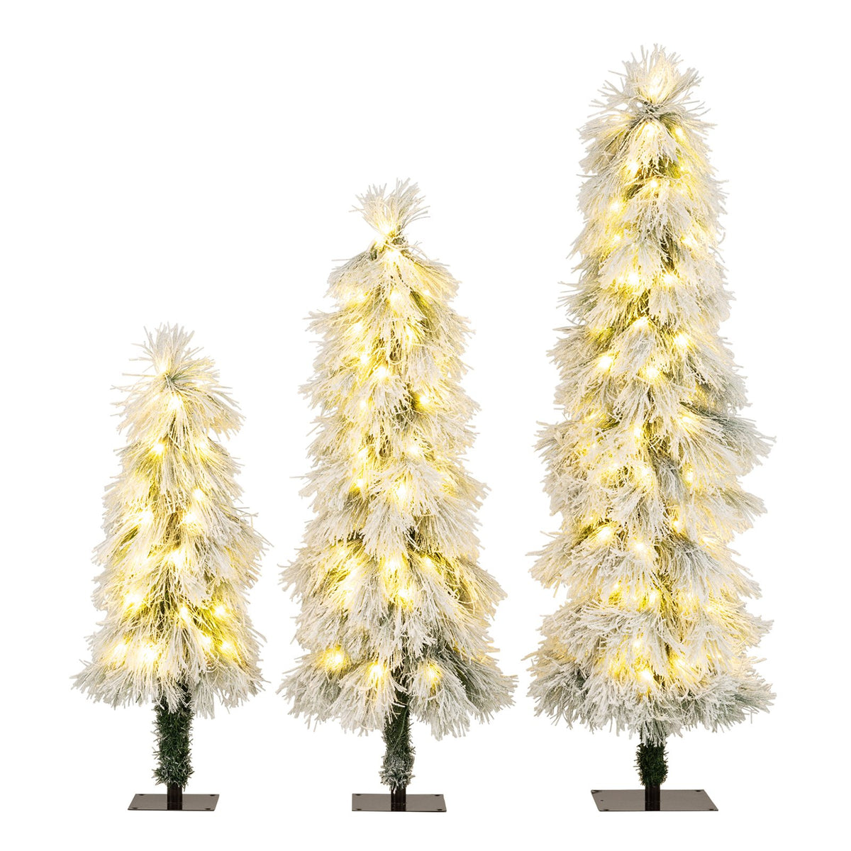 Artificial Christmas Tree Set of 3 with Snow-flocked Branch Tips and LED Lights